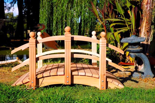 4'-14' Double Curved Rail - Handmade Natural 100% Redwood Bridges For Gardens, Paths, & Ponds THUMBNAIL