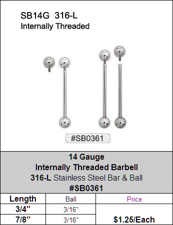 SB0361 14G 316L Internally Threaded Barbells MAIN