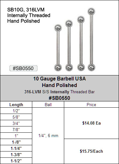 SB0550, 10 Gauge Barbell Hand Polished MAIN