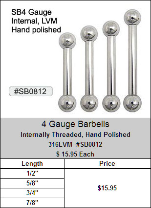 SB0812, 4 Gauge Barbells High Polish MAIN