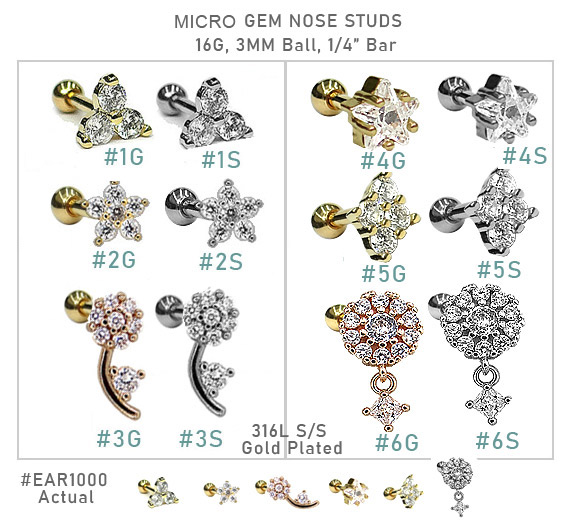 Ear1000, 1/4" Post x 16G Micro Fancy Gem Ball MAIN