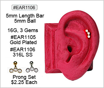 EAR1105 EAR1106 3-Gem SS Rose Gold 3mm Ball End Ear MAIN