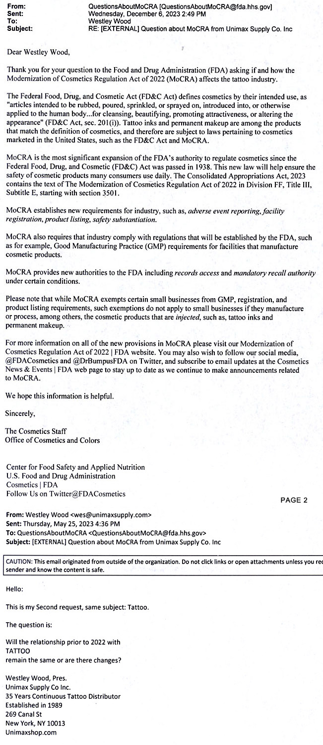 MoCRA FDA Reply to Unimax Letter MAIN