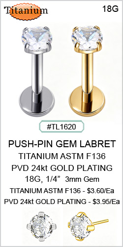 TL1620 Titanium ASTM F136 Gem Labret 18G 1/4"- Push pin MAIN