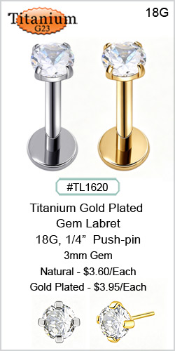 TL1620 Titanium Gem Labret 18G 1/4"- Push pin MAIN