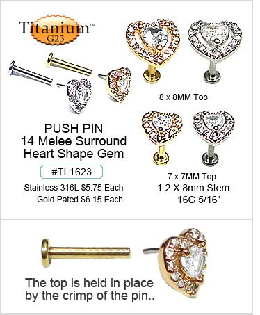 TL1623 16G Titanium Hearts Push Pin Flat Back Ear Labret MAIN