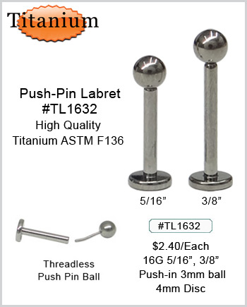 TL1632 3mm Push Pin Ball 16G Titanium ASTM F136 MAIN