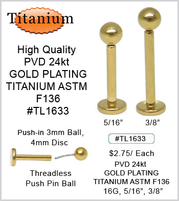 TL1633 PVD 24kt Gold  Plated ASTM F136 Titanium 3mm Push Pin Ball 16G MAIN