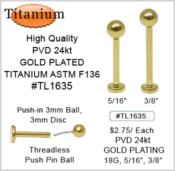TL1635PVD 24kt Gold Plated  ASTM F136 Titanium 3mm Push Pin Ball 18G MAIN