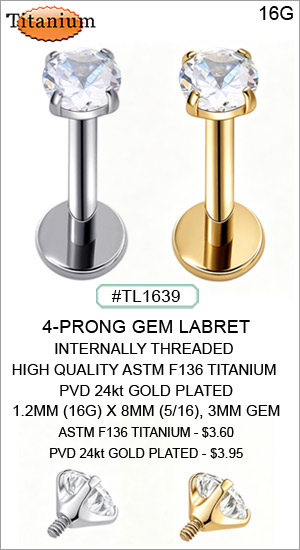TL1639 Titanium ASTM F136 Gem Labret 16G Internally Threaded MAIN