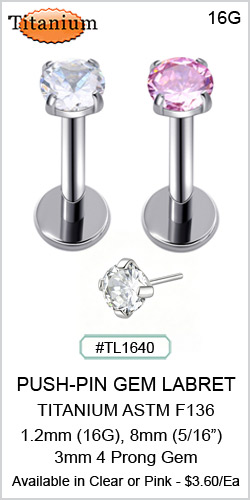 TL1640 Titanium ASTM F136 4-Prong Gem Labret 16G 5/16"- Push pin MAIN
