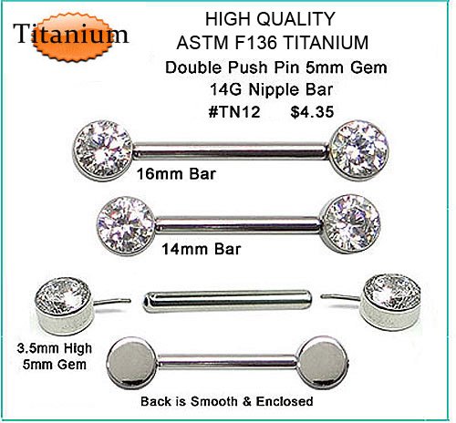 TN12 14G Titanium ASTM F136 Nipple 2-Gem Push Pins MAIN