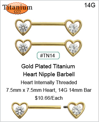 TN14 14G Gold Plated Titanium Heart Nipple Barbell MAIN