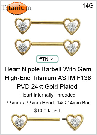 TN14 14G PVD 24 kt Gold Plated Titanium ASTM F136  Heart Nipple Barbell MAIN