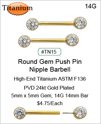 TN15 14G PVD 24 kt Gold Plated Titanium ASTM F136Nipple Barbell MAIN