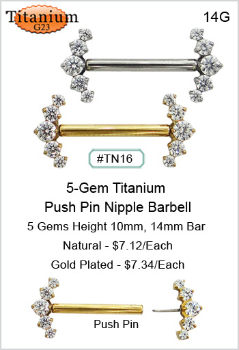 TN16 Titanium 23 - 5-Gem, 14G Nipple Barbell MAIN