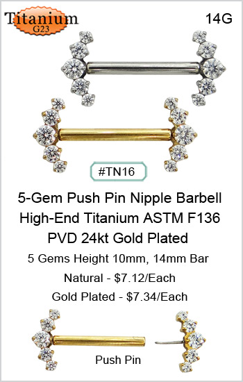 TN16 PVD 24 kt Gold Plated Titanium ASTM F136- 5-Gem, 14G Nipple Barbell MAIN