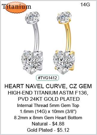 TVG1412 TITANIUM ASTM F136, PVD 24kt GOLD PLATED - Gem Heart Navel MAIN