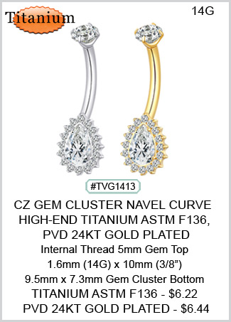 TVG1413 TITANIUM ASTM F136,  PVD 24kt GOLD PLATED - Multi Gem Cluster Navel MAIN