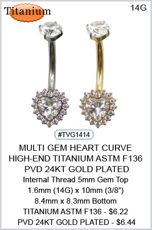TVG1414 Titanium ASTM F136  PVD 24kt Gold Plated - Multi Gem Heart Navel MAIN