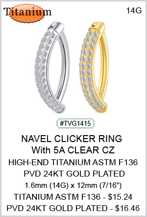 TVG1415 Titanium ASTM F136 PVD 24kt Gold Plated NAVEL CLICKER RING With 5A CLEAR CZ MAIN
