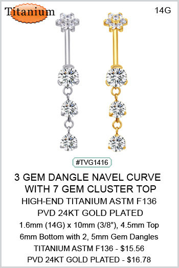 TVG1416 TITANIUM ASTM F136 PVD 24kt GOLD PLATED NAVEL GEM DANGLE MAIN