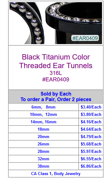 EAR0409, Black Titanium Colored 316L Threaded Ear Tunnels MAIN