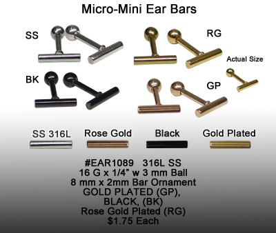 EAR1089 16G Mini Ear Bars 3mm Ball End  RG, SS, BL, GP MAIN