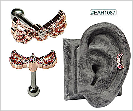 EAR1087, 16G Rose Gold (GP) Wings with Clear Gems (BE) MAIN