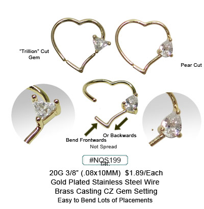 NOS199, Heart Shape Bendable 20G Wire CZ Gem MAIN