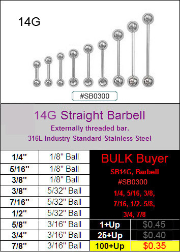 SB0300, 14G Straight Barbells