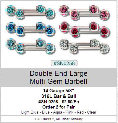 SN0258 Double Big Multi Gem Nipple Bar Pair MAIN