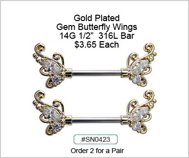 SN0423, Gold Plated Gem Butterfly Wings Nipple Barbell MAIN