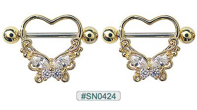 SN0424, Gold Plated Gem Heart Butterfly Nipple Shield MAIN