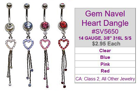 SV5650, Heart  Dangle Gem 14G Navel Curve MAIN