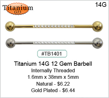 TB1401 Titanium 23 - 12 Gem, 14G Barbell MAIN