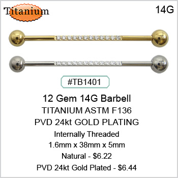TB1401 Titanium ASTM F136 - 12 Gem, 14G Barbell MAIN