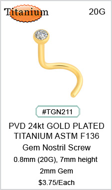 TGN211, 0.8x7mm GEM PVD 24kt Gold Plated Titanium Nostril MAIN