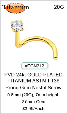 TGN212, 0.8x7mm Prong GEM PVD 24kt Gold Plated Titanium ASTM F136 Nostril MAIN