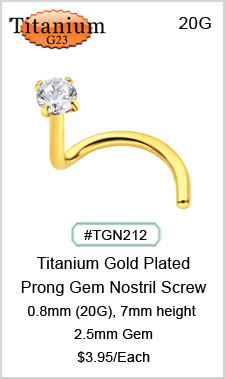 TGN212, 0.8x7mm Prong GEM Gold Plated Titanium Nostril MAIN