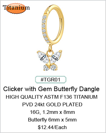 TGR01 Titanium ASTM F136 PVD 24KT Clicker with Gem Butterfly Dangle MAIN