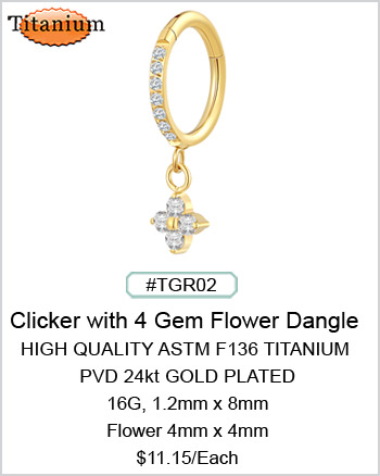 TGR02 Titanium ASTM F136 PVD 24KT Clicker with 4-Gem Flower Dangle MAIN