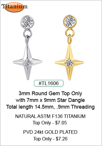 #TL1606 Titanium ASTM F136 3mm Round Gem with Star Dangle Threaded Top MAIN
