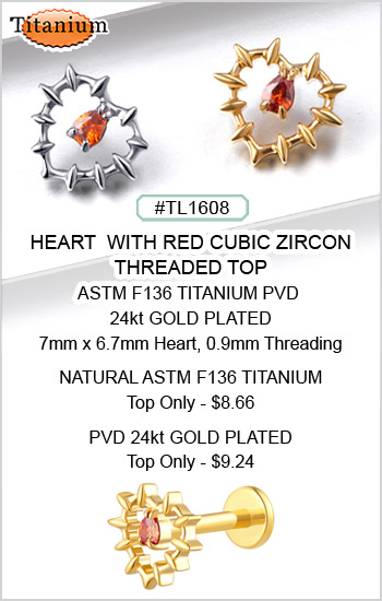 #TL1608 Titanium ASTM F136 Heart with Red Gem Threaded Top MAIN