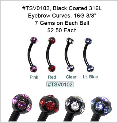 TSV0102, 7 Gem Ball Black Eyebrow Curves MAIN