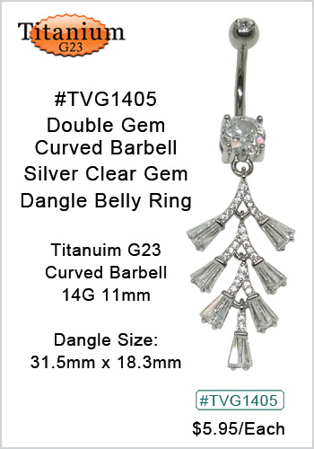 TVG1405 Titanium G23 Body Piercing Jewelry Double Gem Curve Silver Clear Gem Dangle MAIN