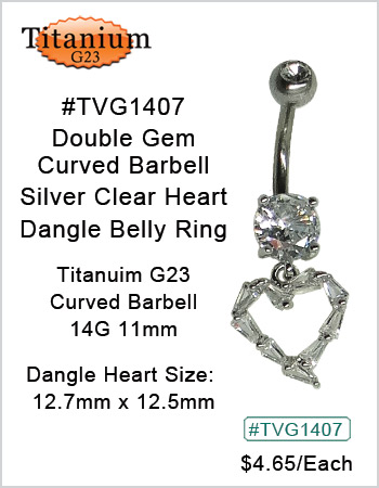 TVG1407 Titanium G23 Body Piercing Jewelry Double Gem Curve Silver Clear Gem Heart Dangle MAIN