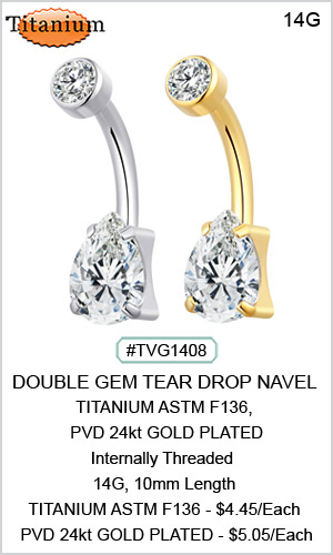 TVG1408 TITANIUM ASTM F136,  PVD 24kt GOLD PLATED - Double Gem Tear Drop Navel MAIN