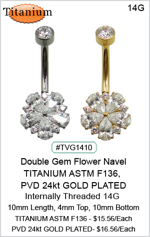 TVG1410 TITANIUM ASTM F136,  PVD 24kt GOLD PLATED - Double Gem Flower Navel MAIN