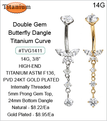 TVG1411 TITANIUM ASTM F136,  PVD 24kt GOLD PLATED Butterfly Dangle Gem Curve MAIN